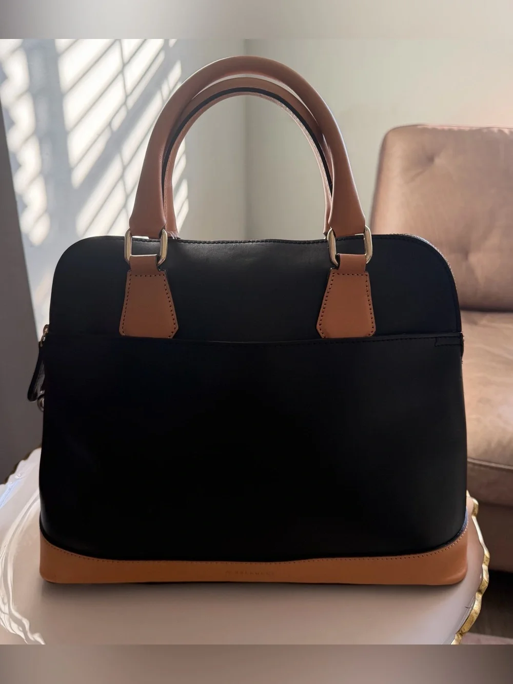 A Bellucci Black Tan Smooth Leather Structured Domed Satchel Top Handle